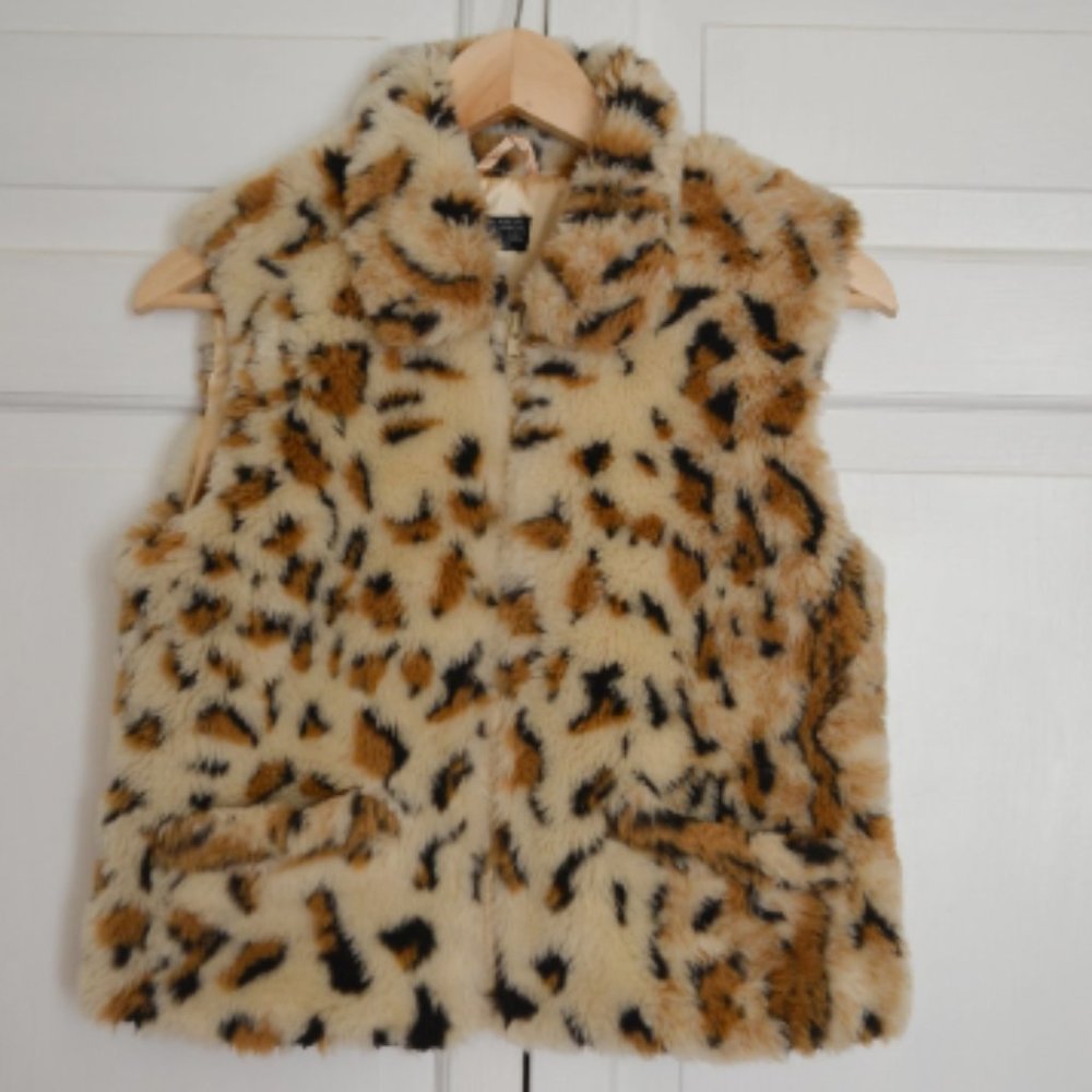 Women's Vintage Faux Fur Leopard Print Collared Vest Size Small